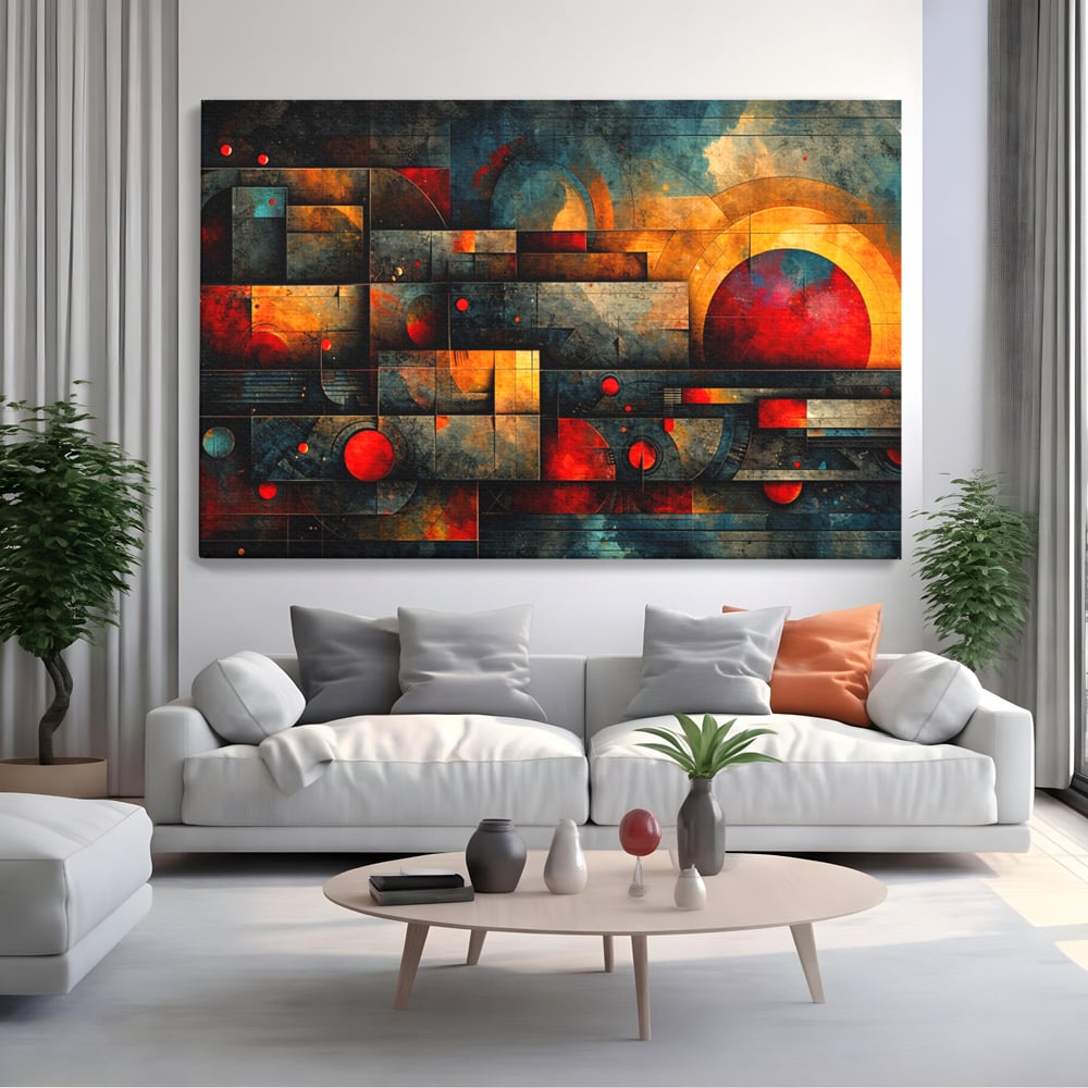 Tablou canvas cu tablou canvas cu forme geometrice abstracte, fara rama, pe sasiu de lemn, pe perete intr-un living
